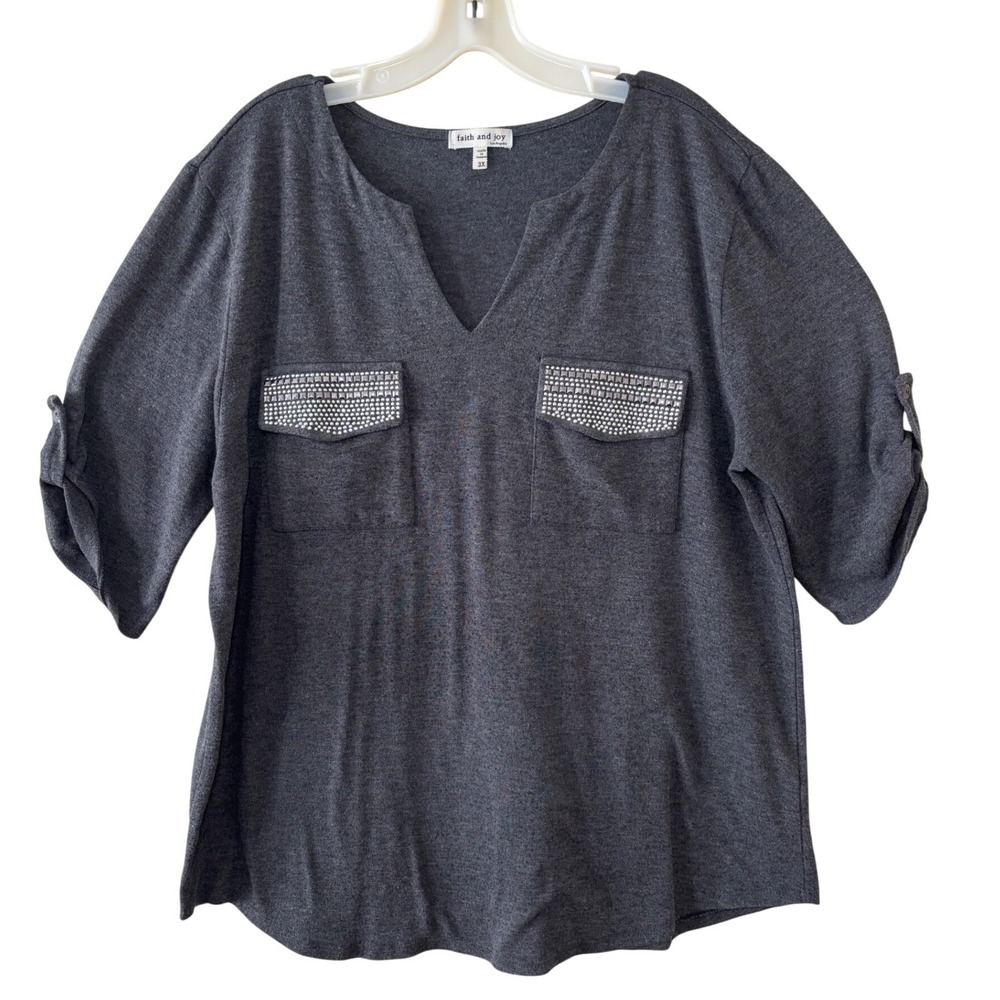 Faith and Joy Blouse Womens 3X Gray Studded Pocket Roll Tab Sleeve V-Neck Top
